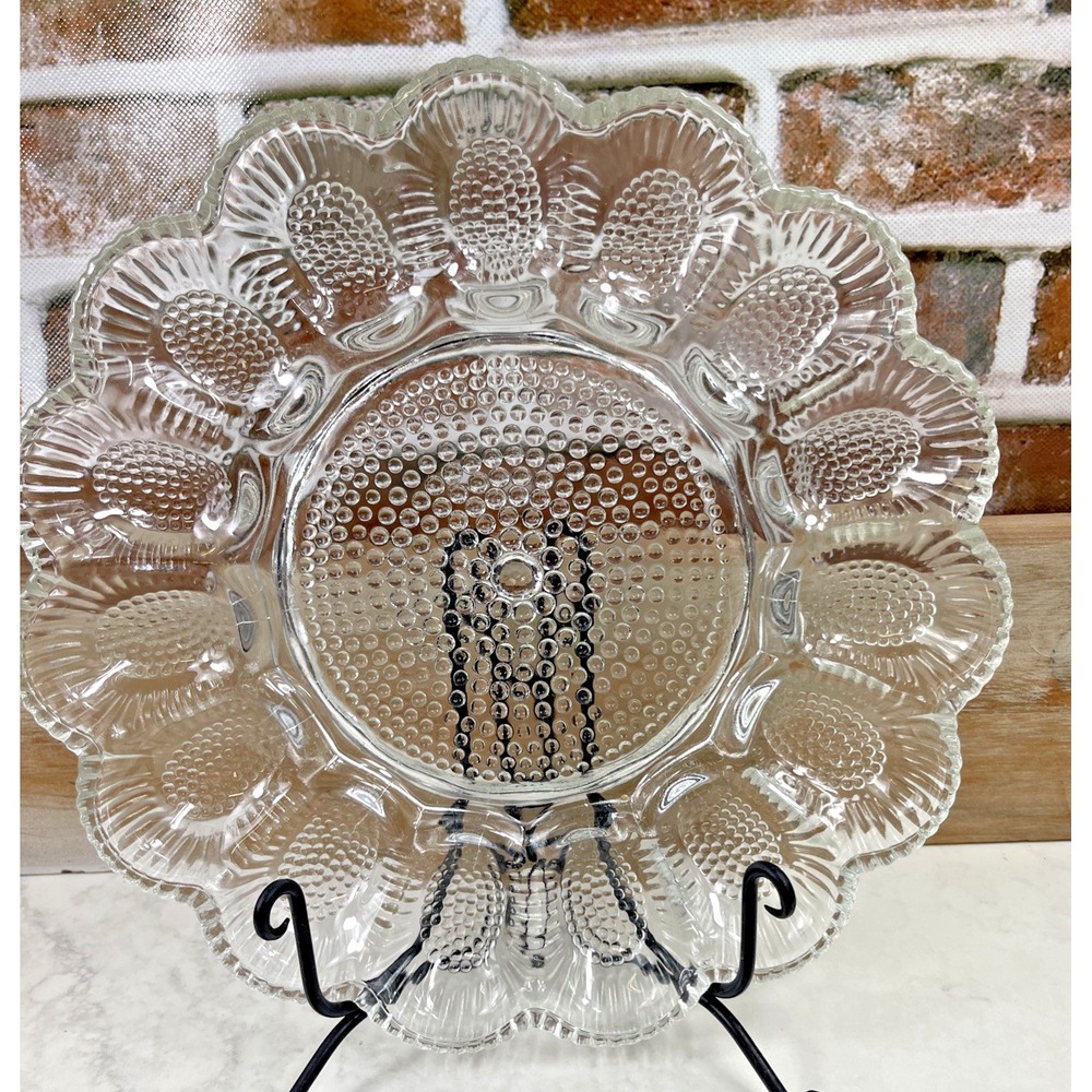 Vtg Indiana Glass Hobnail Deviled Eggs/Oyster Plate 15 Halves W/pickles n Center